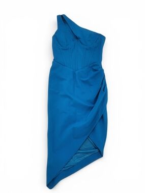 Lavish Alice One-Shoulder Royal Blue Draped Midi Dress Side Slit NWT